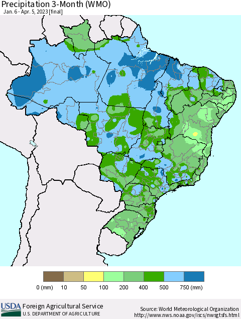 Brazil Precipitation 3-Month (WMO) Thematic Map For 1/6/2023 - 4/5/2023