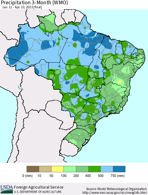 Brazil Precipitation 3-Month (WMO) Thematic Map For 1/11/2023 - 4/10/2023