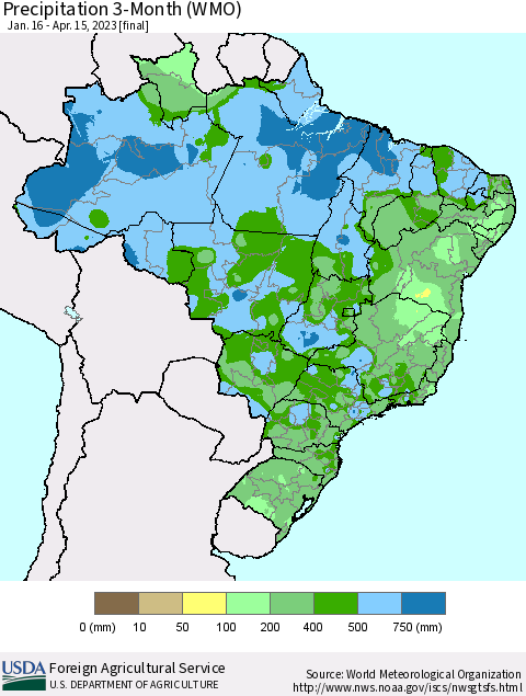 Brazil Precipitation 3-Month (WMO) Thematic Map For 1/16/2023 - 4/15/2023