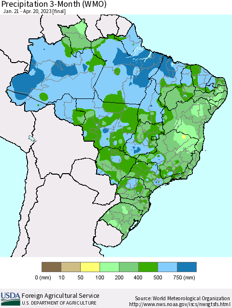Brazil Precipitation 3-Month (WMO) Thematic Map For 1/21/2023 - 4/20/2023
