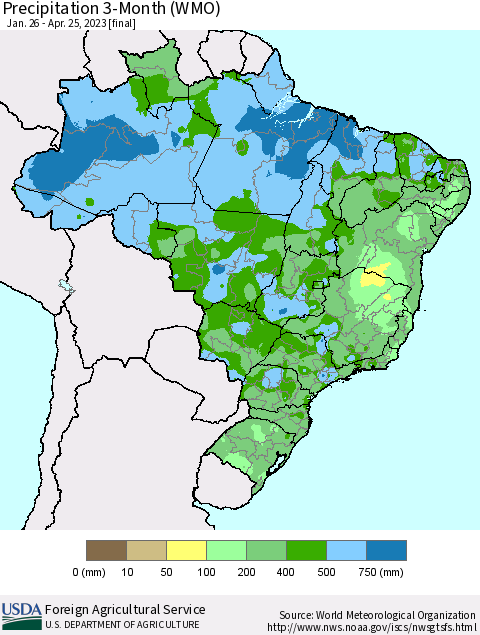 Brazil Precipitation 3-Month (WMO) Thematic Map For 1/26/2023 - 4/25/2023
