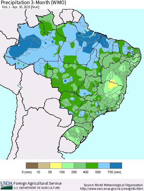 Brazil Precipitation 3-Month (WMO) Thematic Map For 2/1/2023 - 4/30/2023