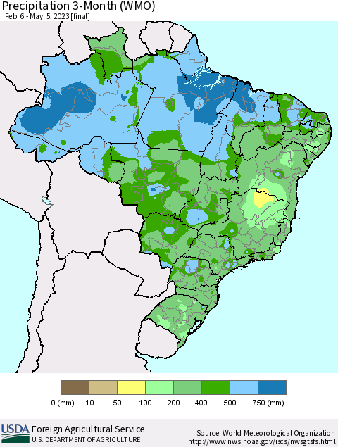 Brazil Precipitation 3-Month (WMO) Thematic Map For 2/6/2023 - 5/5/2023