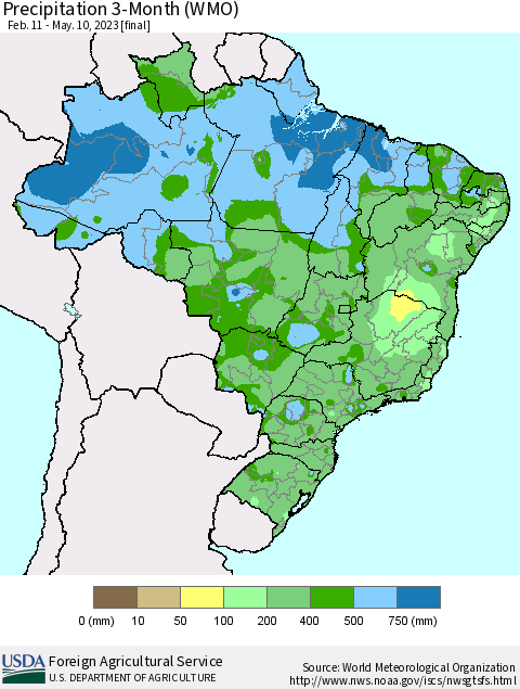 Brazil Precipitation 3-Month (WMO) Thematic Map For 2/11/2023 - 5/10/2023