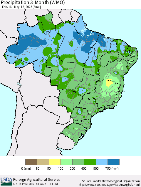 Brazil Precipitation 3-Month (WMO) Thematic Map For 2/16/2023 - 5/15/2023