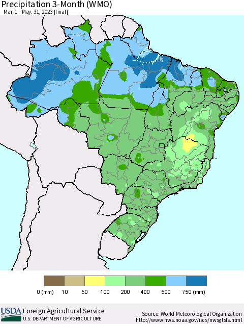 Brazil Precipitation 3-Month (WMO) Thematic Map For 3/1/2023 - 5/31/2023