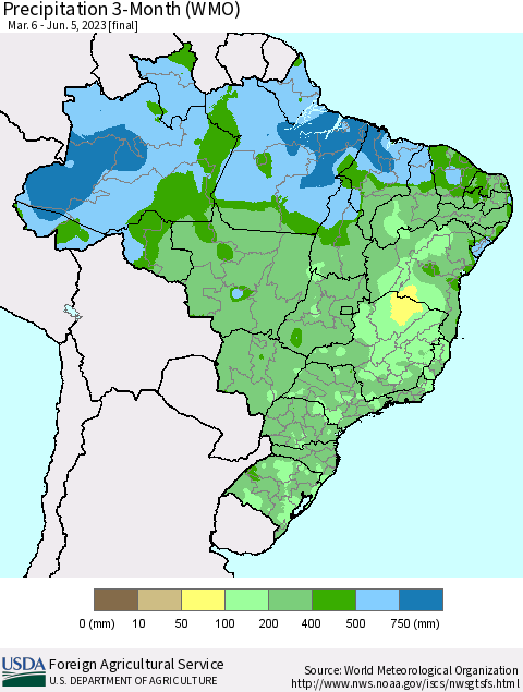 Brazil Precipitation 3-Month (WMO) Thematic Map For 3/6/2023 - 6/5/2023