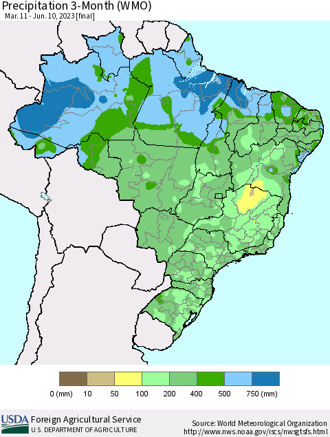 Brazil Precipitation 3-Month (WMO) Thematic Map For 3/11/2023 - 6/10/2023