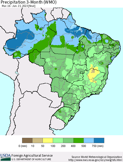 Brazil Precipitation 3-Month (WMO) Thematic Map For 3/16/2023 - 6/15/2023