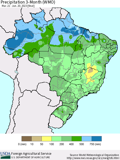 Brazil Precipitation 3-Month (WMO) Thematic Map For 3/21/2023 - 6/20/2023