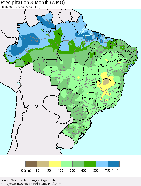 Brazil Precipitation 3-Month (WMO) Thematic Map For 3/26/2023 - 6/25/2023