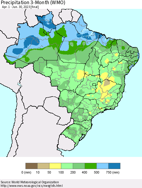 Brazil Precipitation 3-Month (WMO) Thematic Map For 4/1/2023 - 6/30/2023