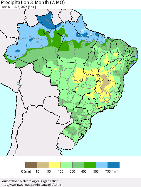 Brazil Precipitation 3-Month (WMO) Thematic Map For 4/6/2023 - 7/5/2023