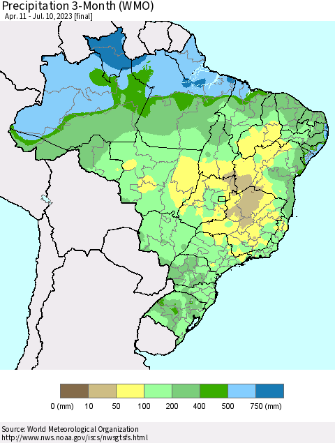 Brazil Precipitation 3-Month (WMO) Thematic Map For 4/11/2023 - 7/10/2023