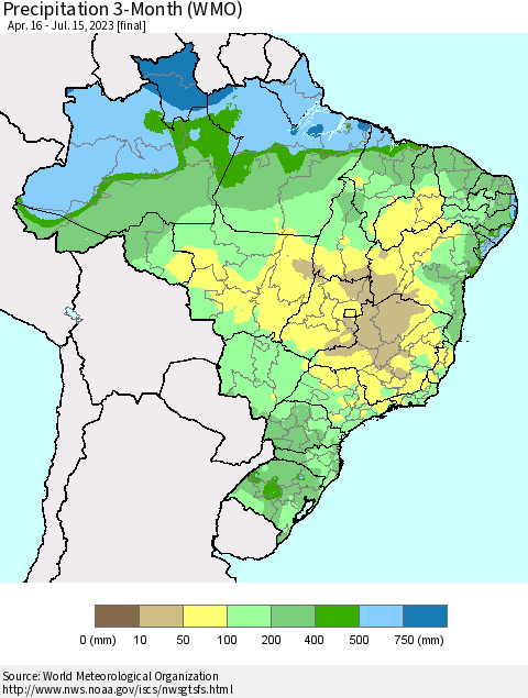 Brazil Precipitation 3-Month (WMO) Thematic Map For 4/16/2023 - 7/15/2023