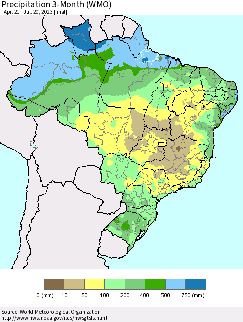Brazil Precipitation 3-Month (WMO) Thematic Map For 4/21/2023 - 7/20/2023