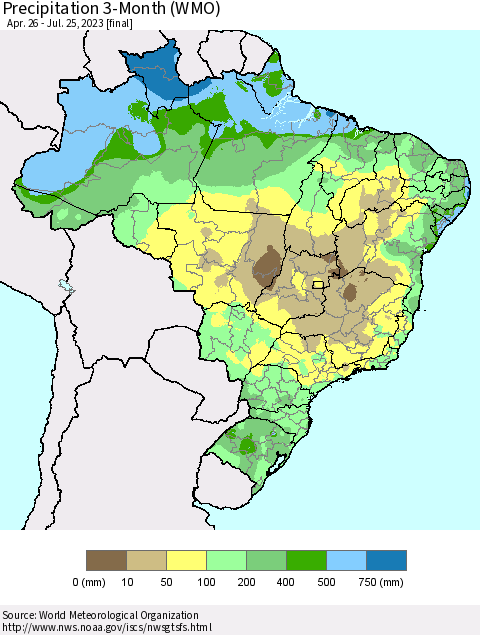 Brazil Precipitation 3-Month (WMO) Thematic Map For 4/26/2023 - 7/25/2023