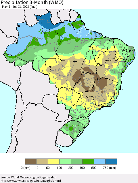 Brazil Precipitation 3-Month (WMO) Thematic Map For 5/1/2023 - 7/31/2023