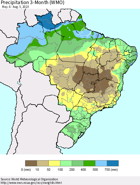 Brazil Precipitation 3-Month (WMO) Thematic Map For 5/6/2023 - 8/5/2023