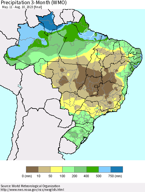 Brazil Precipitation 3-Month (WMO) Thematic Map For 5/11/2023 - 8/10/2023