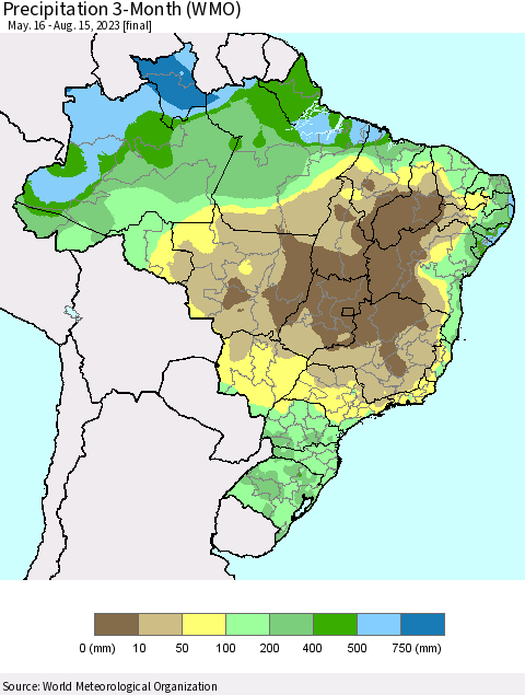 Brazil Precipitation 3-Month (WMO) Thematic Map For 5/16/2023 - 8/15/2023