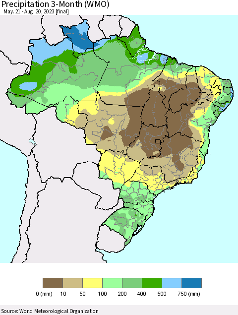 Brazil Precipitation 3-Month (WMO) Thematic Map For 5/21/2023 - 8/20/2023