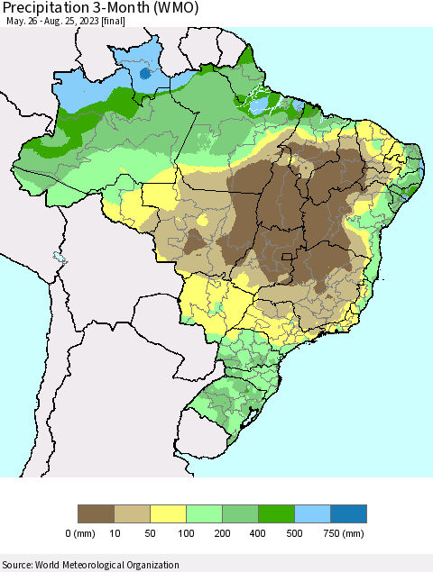 Brazil Precipitation 3-Month (WMO) Thematic Map For 5/26/2023 - 8/25/2023