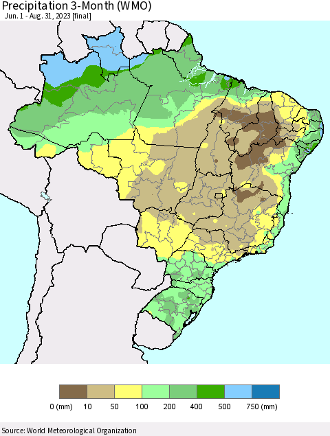 Brazil Precipitation 3-Month (WMO) Thematic Map For 6/1/2023 - 8/31/2023
