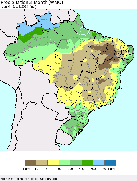 Brazil Precipitation 3-Month (WMO) Thematic Map For 6/6/2023 - 9/5/2023