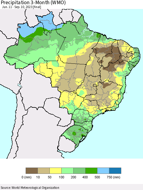 Brazil Precipitation 3-Month (WMO) Thematic Map For 6/11/2023 - 9/10/2023