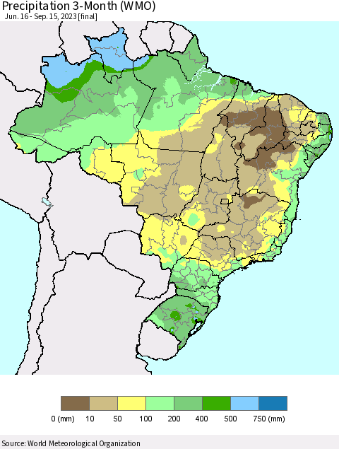 Brazil Precipitation 3-Month (WMO) Thematic Map For 6/16/2023 - 9/15/2023