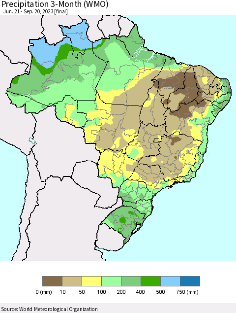 Brazil Precipitation 3-Month (WMO) Thematic Map For 6/21/2023 - 9/20/2023