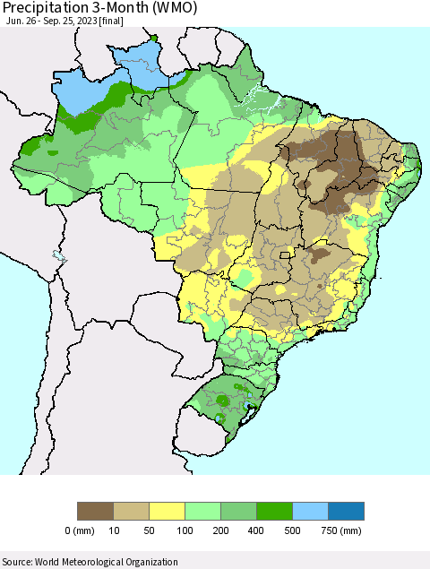 Brazil Precipitation 3-Month (WMO) Thematic Map For 6/26/2023 - 9/25/2023