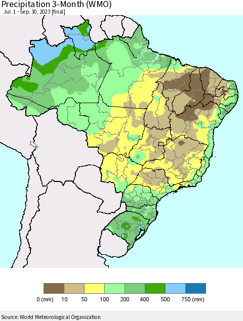 Brazil Precipitation 3-Month (WMO) Thematic Map For 7/1/2023 - 9/30/2023