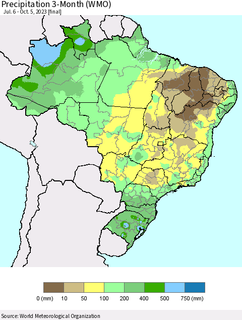Brazil Precipitation 3-Month (WMO) Thematic Map For 7/6/2023 - 10/5/2023