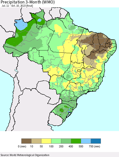 Brazil Precipitation 3-Month (WMO) Thematic Map For 7/11/2023 - 10/10/2023