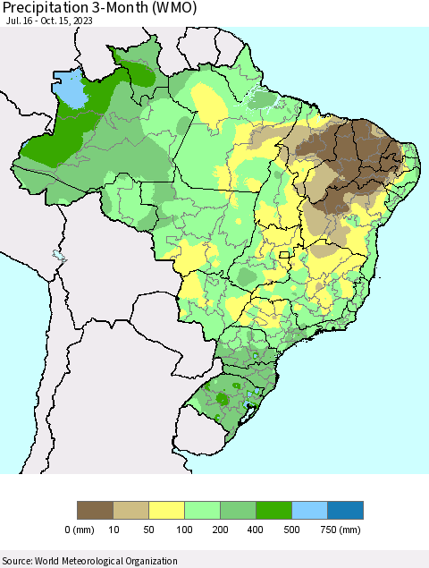 Brazil Precipitation 3-Month (WMO) Thematic Map For 7/16/2023 - 10/15/2023