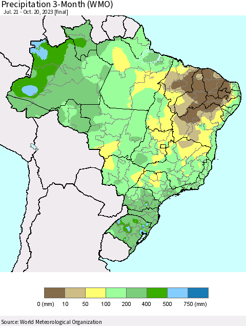Brazil Precipitation 3-Month (WMO) Thematic Map For 7/21/2023 - 10/20/2023