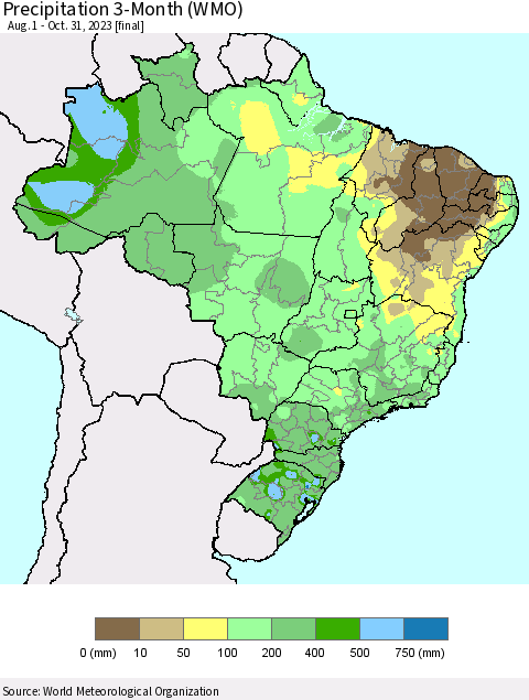 Brazil Precipitation 3-Month (WMO) Thematic Map For 8/1/2023 - 10/31/2023