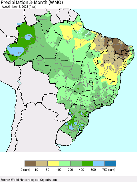 Brazil Precipitation 3-Month (WMO) Thematic Map For 8/6/2023 - 11/5/2023