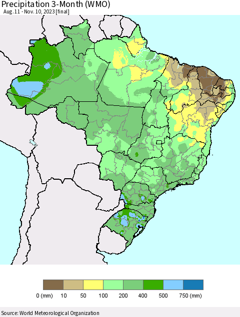 Brazil Precipitation 3-Month (WMO) Thematic Map For 8/11/2023 - 11/10/2023
