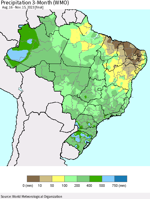 Brazil Precipitation 3-Month (WMO) Thematic Map For 8/16/2023 - 11/15/2023
