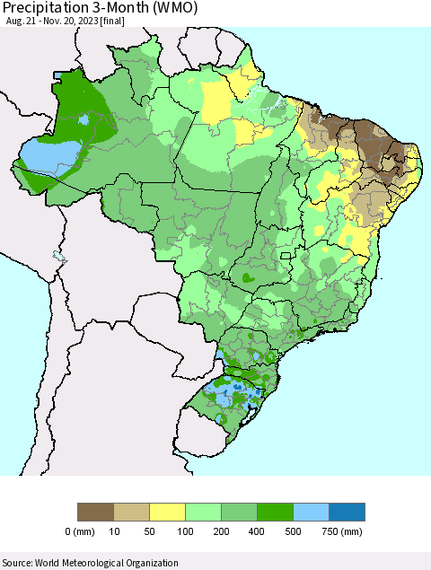 Brazil Precipitation 3-Month (WMO) Thematic Map For 8/21/2023 - 11/20/2023