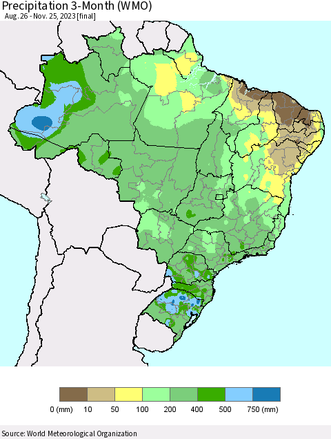 Brazil Precipitation 3-Month (WMO) Thematic Map For 8/26/2023 - 11/25/2023