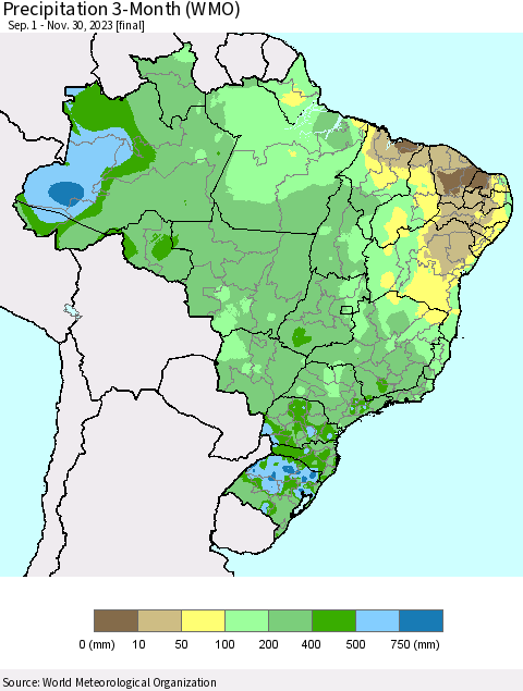 Brazil Precipitation 3-Month (WMO) Thematic Map For 9/1/2023 - 11/30/2023