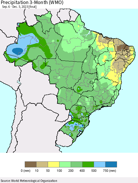 Brazil Precipitation 3-Month (WMO) Thematic Map For 9/6/2023 - 12/5/2023