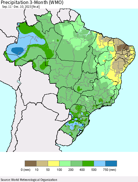 Brazil Precipitation 3-Month (WMO) Thematic Map For 9/11/2023 - 12/10/2023