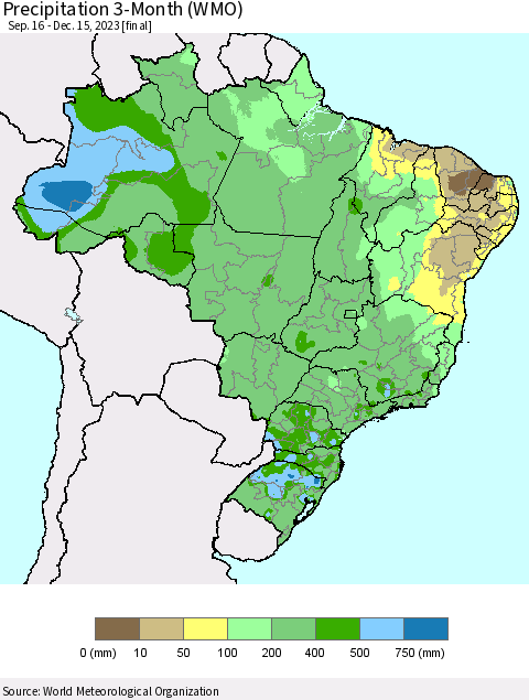 Brazil Precipitation 3-Month (WMO) Thematic Map For 9/16/2023 - 12/15/2023