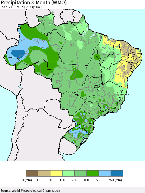 Brazil Precipitation 3-Month (WMO) Thematic Map For 9/21/2023 - 12/20/2023