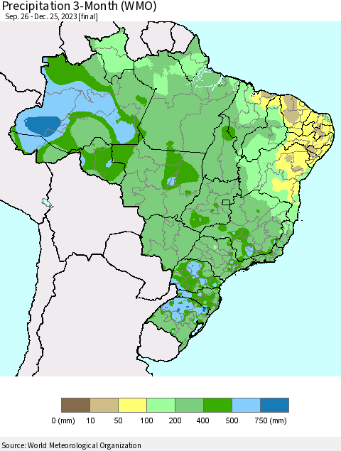 Brazil Precipitation 3-Month (WMO) Thematic Map For 9/26/2023 - 12/25/2023